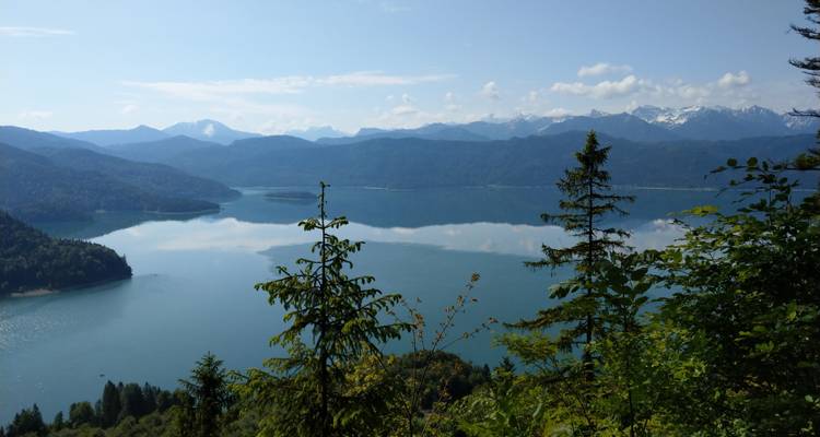 Lac avec un arrière-plan montagneux et quelques arbres au premier plan.
