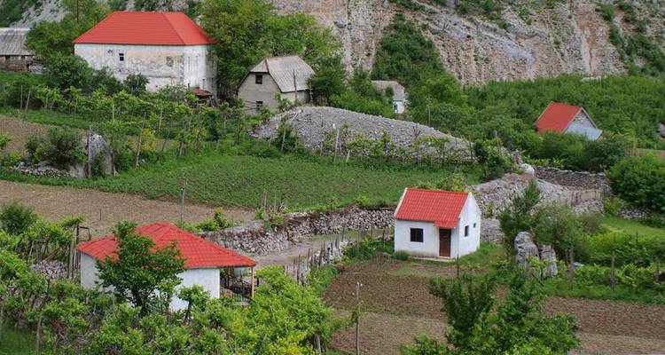 Dorf mit rot gedeckten Häusern und Gemüsegärten.