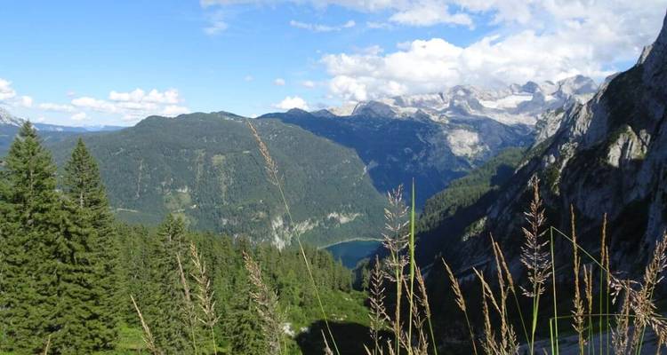 Paysage de montagne avec un lac entouré de forêts.