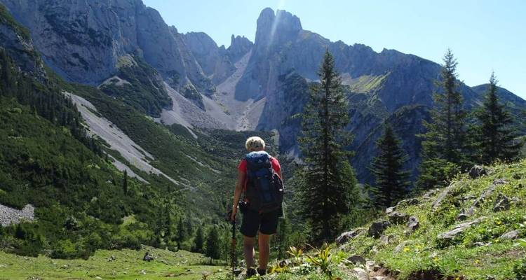 Un randonneur avec un sac à dos regardant un paysage montagneux sous un ciel bleu dégagé.