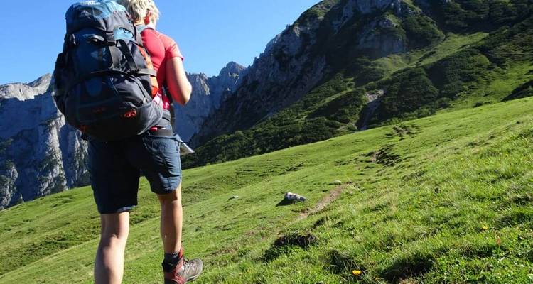 Randonneur marchant le long d'un sentier de montagne.