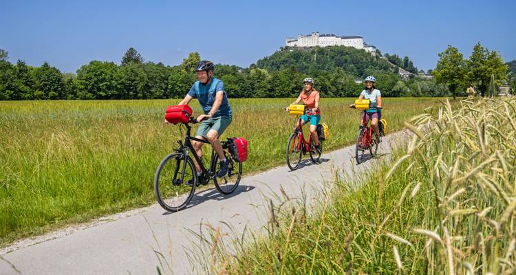 Drei Radfahrer fahren entlang eines ländlichen Weges mit goldenen Getreidefeldern und einer Bergfestung im Hintergrund.