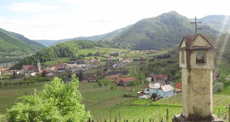 Vue panoramique d'un village entouré de vignobles et de collines.