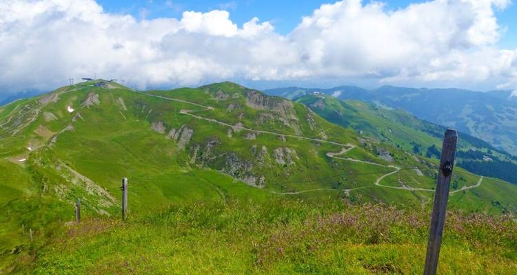 Paysage montagneux avec sentiers sinueux.