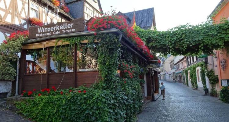 Straatbeeld van een met klimop bedekt gebouw met een bord.