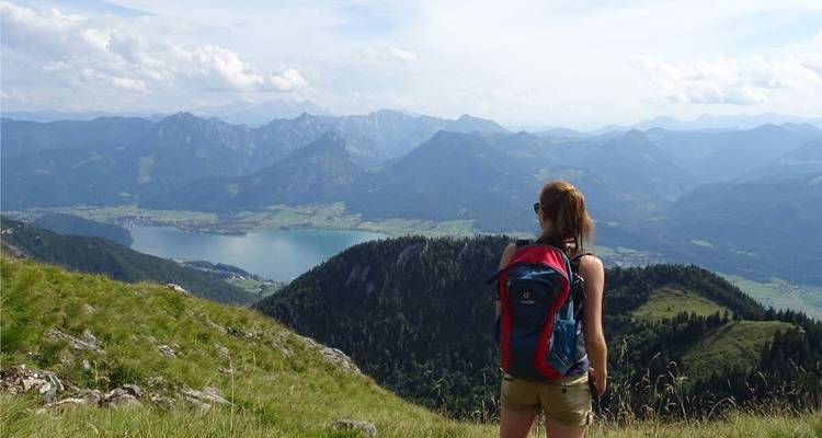 Un randonneur observant un lac et une chaîne de montagnes depuis le sommet d'une colline couverte d'herbe.