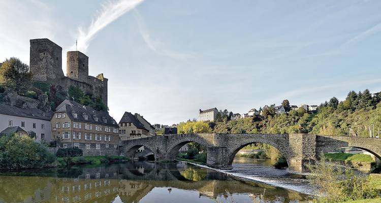 Puente de piedra y castillo con un río en primer plano.