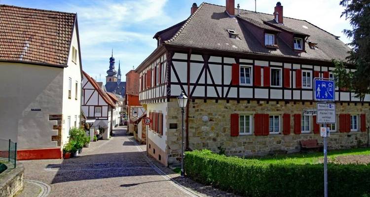 Charming cobblestone street with traditional houses.
