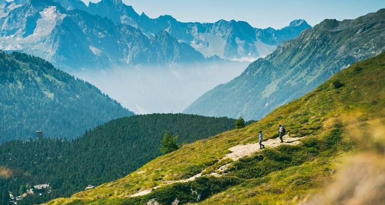 Des randonneurs sur un sentier de montagne avec une vaste chaîne de montagnes et une forêt en contrebas.