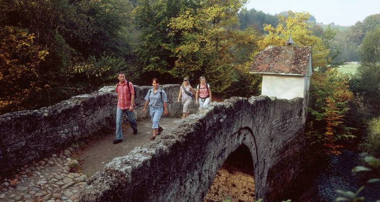 Four hikers walking across a rustic stone bridge surrounded by autumn trees.