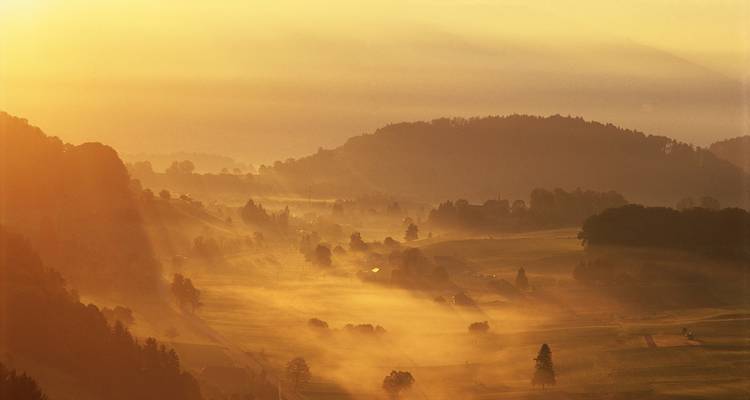 Misty golden sunrise over rolling Swiss countryside with layered hills and scattered farms.