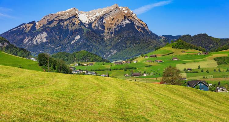 Prairies vertes avec toile de fond montagneuse et maisons dispersées.