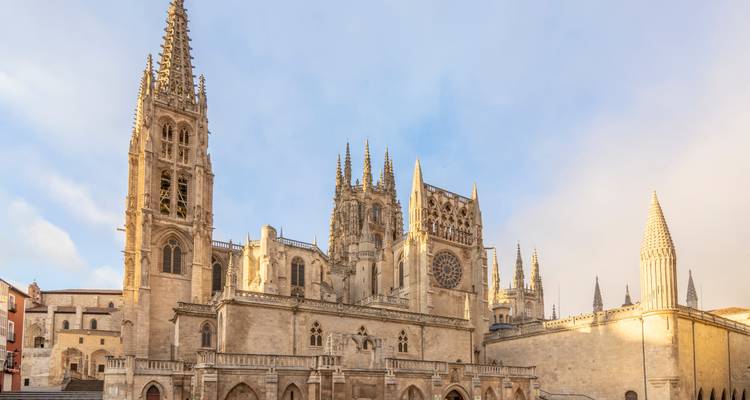 An ornate cathedral with intricate spires under a clear sky.