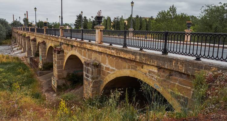 A historic stone bridge over a river with green foliage.