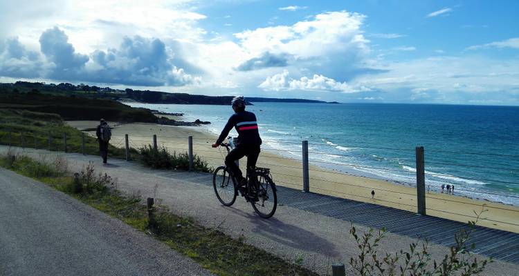 Cyclists on a seaside path next to a wide sandy beach.