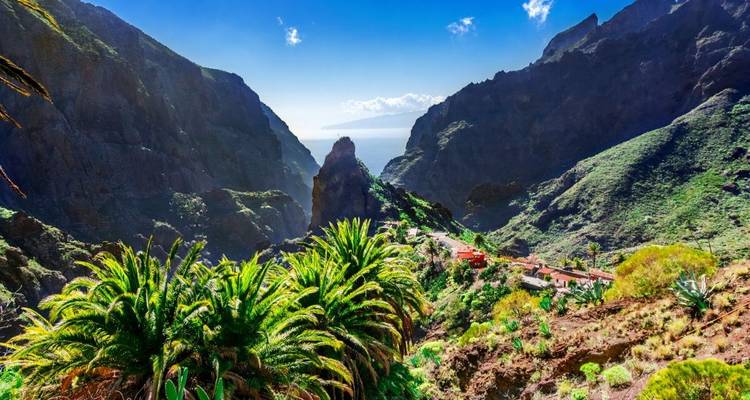 Mountain pass with lush greenery and valley.