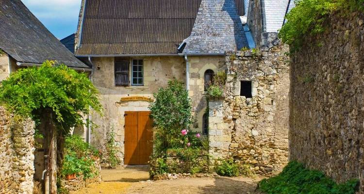 Cour en pierre avec plantes et bâtiments historiques.