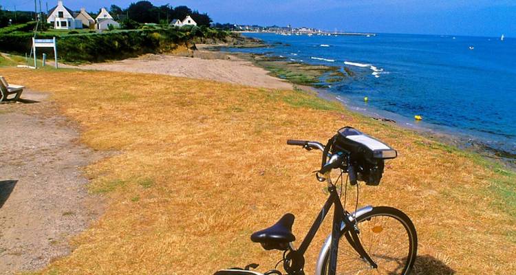 Vélo sur un sentier côtier avec vue sur la mer.