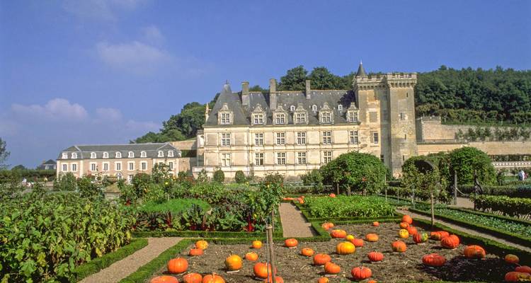 Château avec jardins à la française et citrouilles.