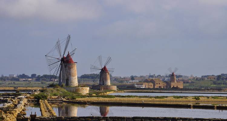 Moulins à vent dans un paysage pittoresque avec de l'eau.