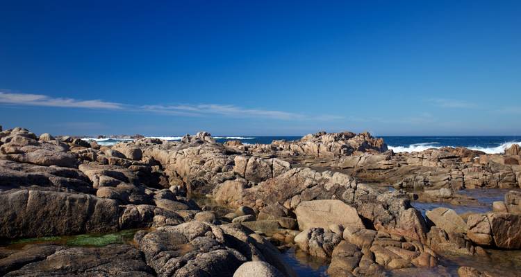 Un paysage côtier accidenté avec des rochers déchiquetés et un ciel bleu clair.