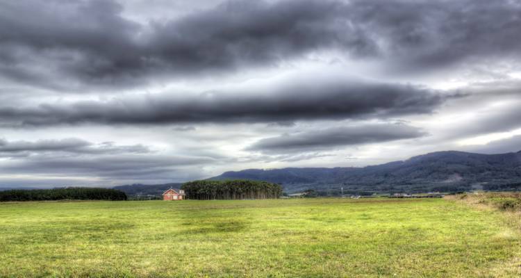 Un vaste champ vert sous un ciel dramatique avec une seule maison au toit rouge.
