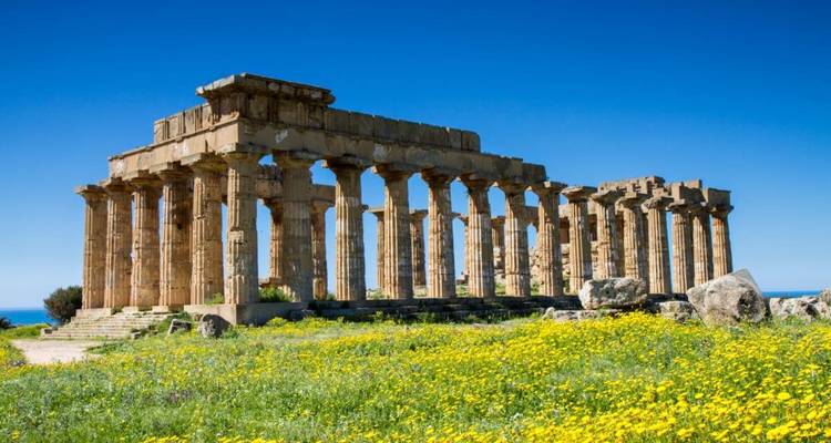 Ruines d'un temple grec antique entourées de fleurs sauvages.