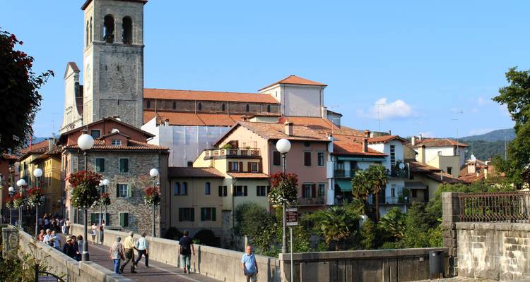 Malerische Ansicht einer historischen Stadt mit Brücke und Blumen.