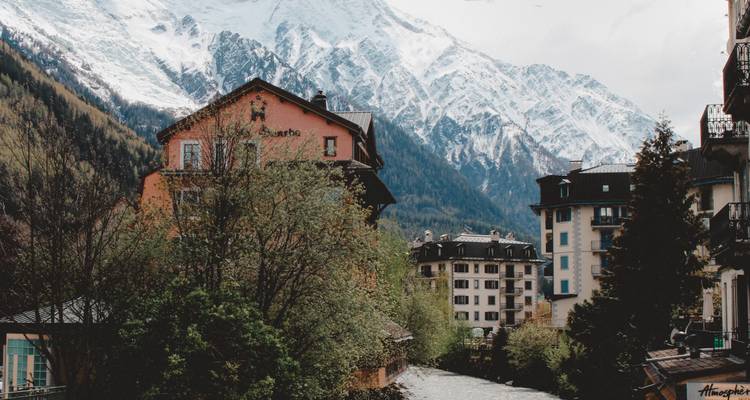 Alpenstadt in einem Tal eingebettet, unterhalb von aufragenden schneebedeckten Bergen mit Frühjahrslaub im Vordergrund.