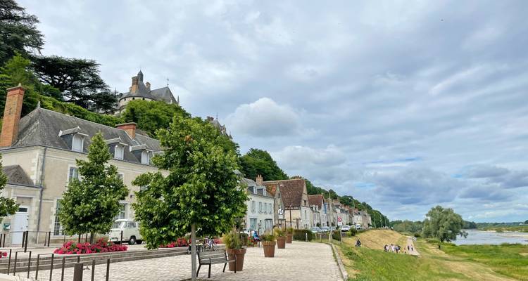 Rue de village au bord de la rivière avec maisons historiques et berge verdoyante sous un ciel nuageux