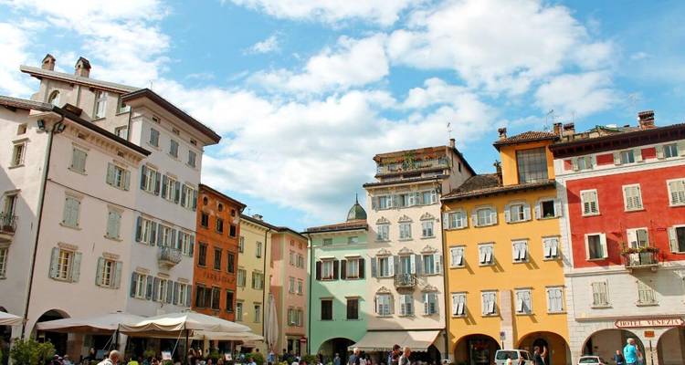 Colorful buildings in a town square.