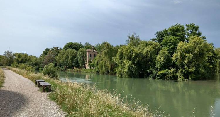 Ländliche Flussansicht mit üppigem Grün.