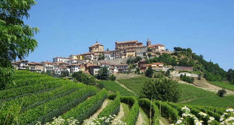 Ein malerisches Dorf auf einem Hügel mit Weinbergen und Feldern im Vordergrund unter einem klaren blauen Himmel.