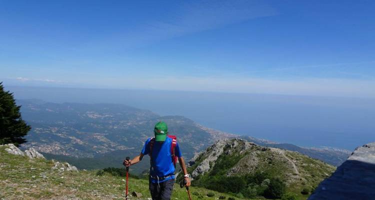 Einzelner Wanderer mit Trekkingstöcken, der einen grasbewachsenen Kamm bei klarem Wetter erklimmt und dabei auf eine weite Meer- und Bergküstenlinie blickt.