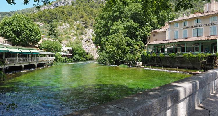 Ville riveraine avec des bâtiments couverts d'une végétation luxuriante.