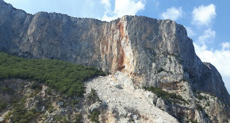 Haute falaise rocheuse avec végétation verte.