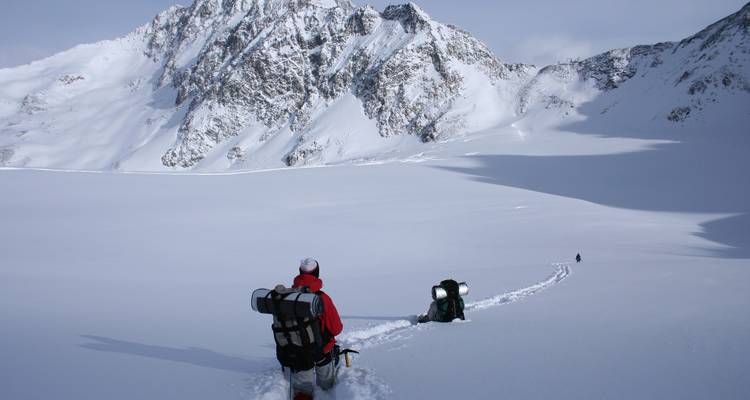 Des skieurs traversant un paysage enneigé.