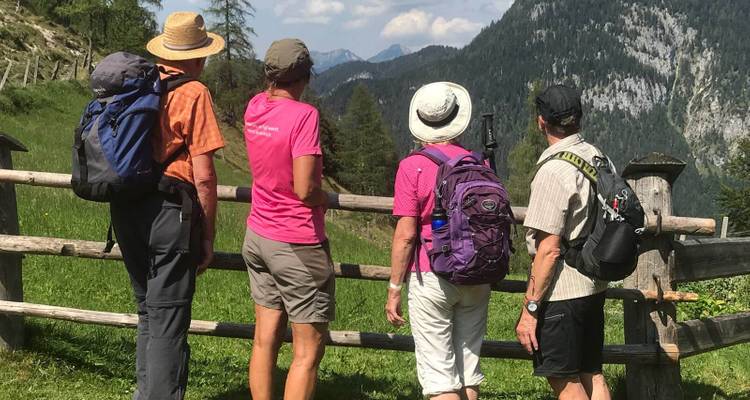Groupe de randonneurs regardant une vue panoramique sur une vallée de montagne.