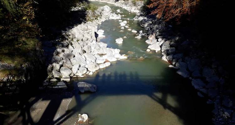 Vue ombragée d'un lit de rivière rocheux avec l'ombre d'un pont qui le surplombe.