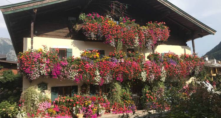 Façade fleurie d'un bâtiment rustique.