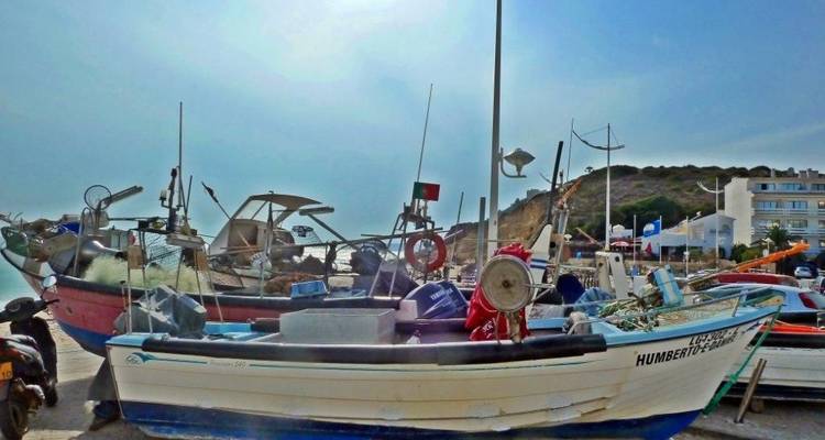 Bateaux de pêche amarrés avec des falaises côtières en arrière-plan.