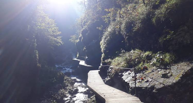 Schmaler hölzerner Gehweg, der sich durch eine schattige felsige Schlucht mit hellem Sonnenlicht darüber schlängelt