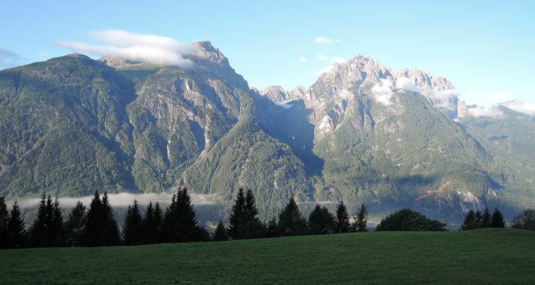 Flanc de colline boisé menant à des montagnes escarpées.