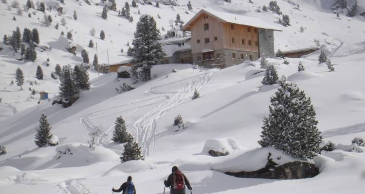 Des skieurs s'approchant d'un refuge de montagne rustique dans un terrain enneigé.