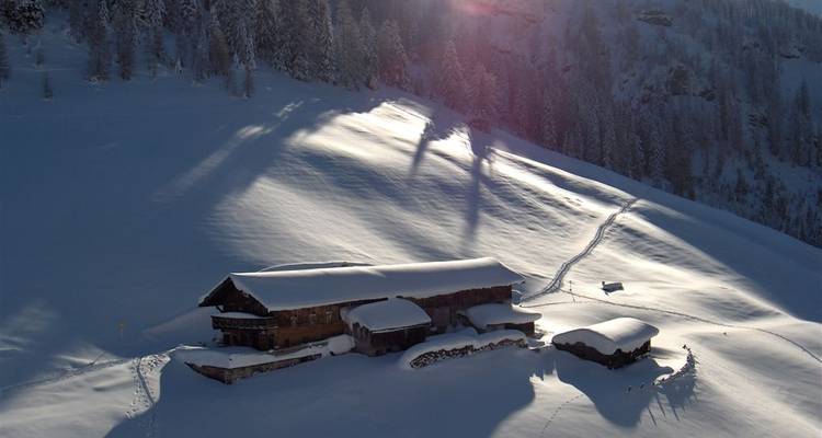 Chalets traditionnels en bois recouverts de neige sur une pente ensoleillée.