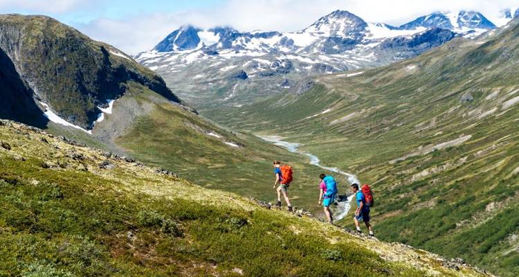 Hikers traversing an alpine landscape with rugged terrain.