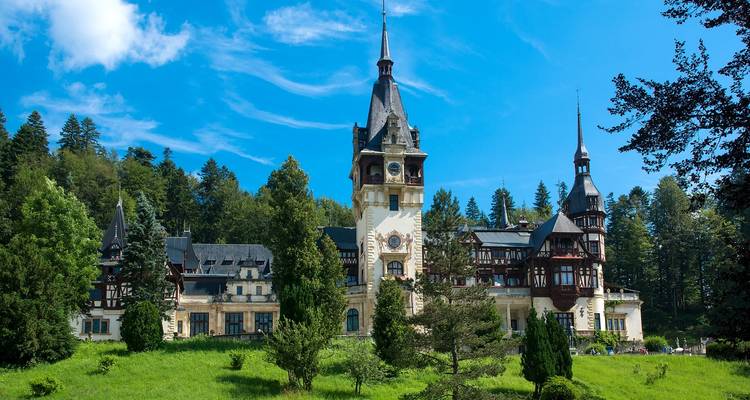 Château de conte de fées de style Néo-Renaissance avec des tours ornées niché dans une forêt des Carpates dense sous un ciel bleu éclatant.