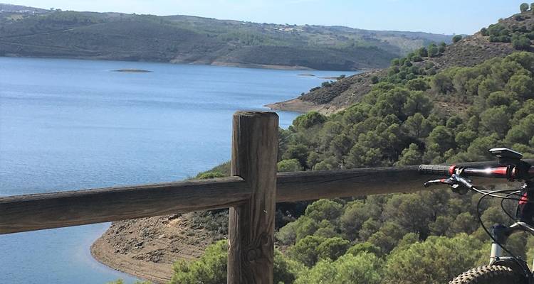 Vue au bord du lac avec balustrade en bois et vélo.