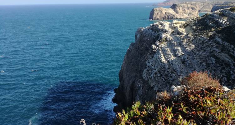 Falaises rocheuses au-dessus d'un océan bleu.