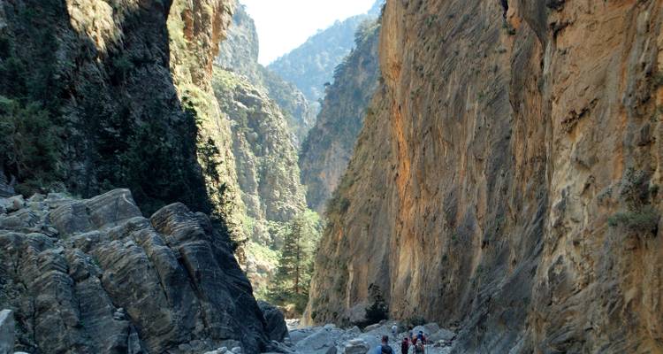 Hiking trail through a tall, narrow gorge with people walking.